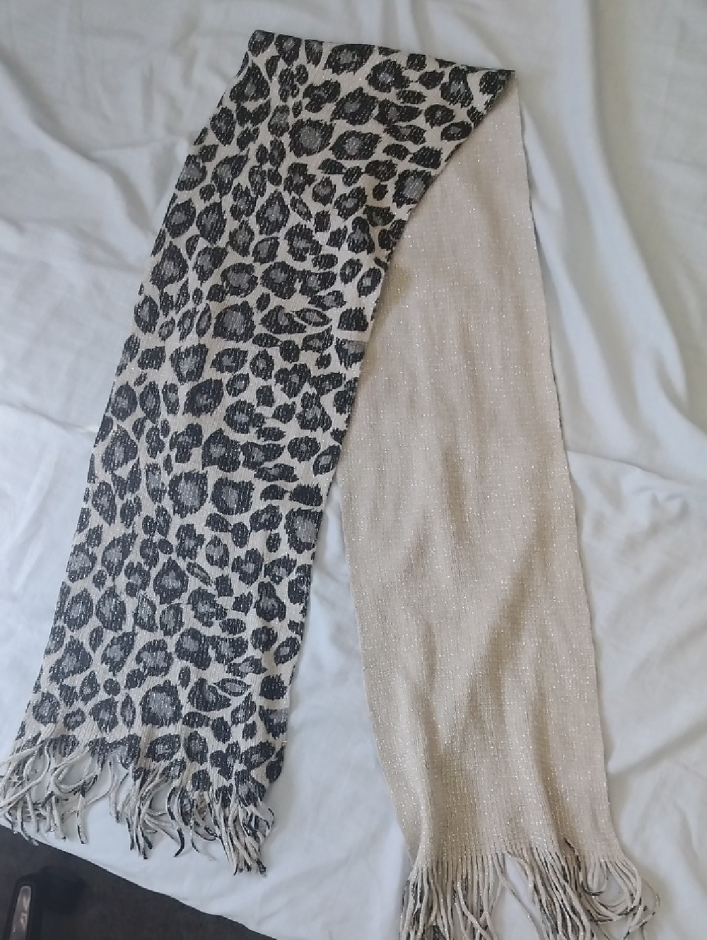 Reversible Leopard Print & Sparkle Fringe Scarf - Black & Beige
